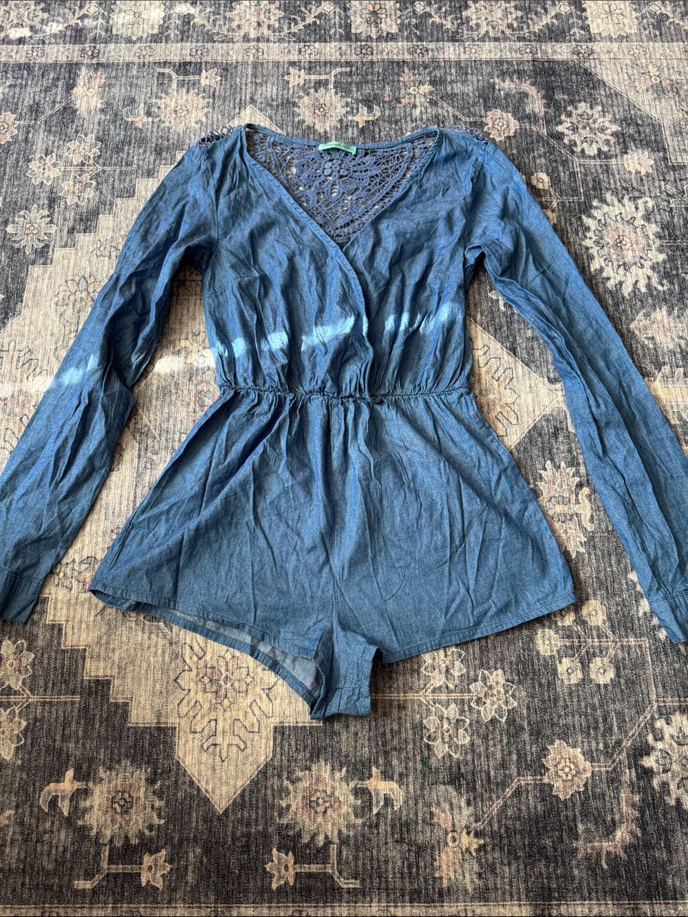 Blue Long-Sleeve Lace-Back Romper Pajama with Elastic Waist